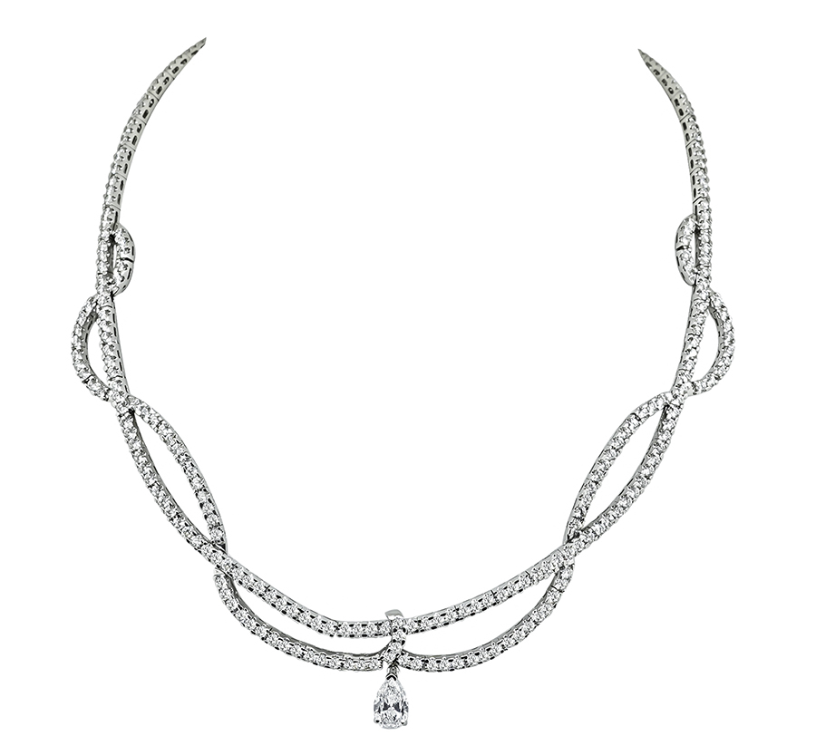 Estate GIA 1.05ct Pear Shape Diamond 12.03ct Round Cut Diamond Necklace