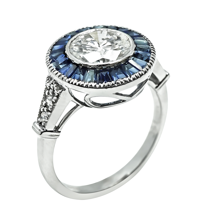 Art Deco Style 1.42ct Diamond Sapphire Halo Engagement Ring