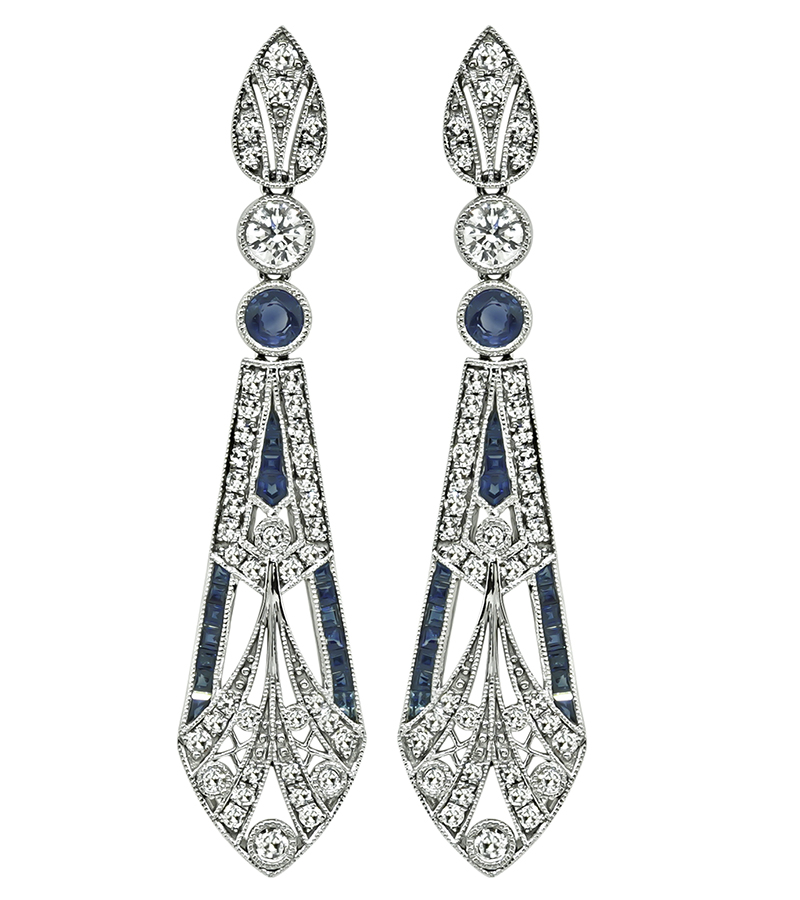 Estate 1.75ct Diamond 1.70ct Sapphire Drop Earrings