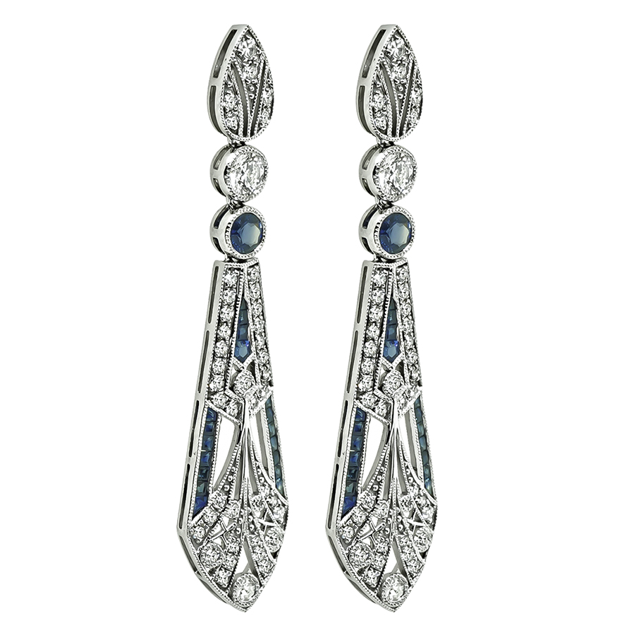 Estate 1.75ct Diamond 1.70ct Sapphire Drop Earrings