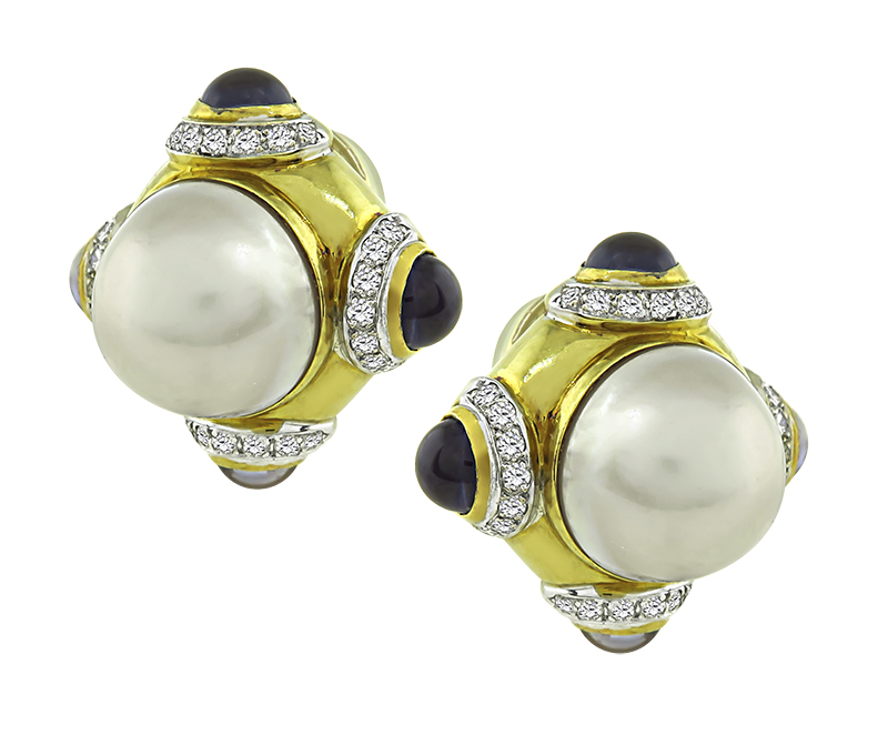 Mabe Pearl 1.75ct Diamond Iolite Gold Earrings