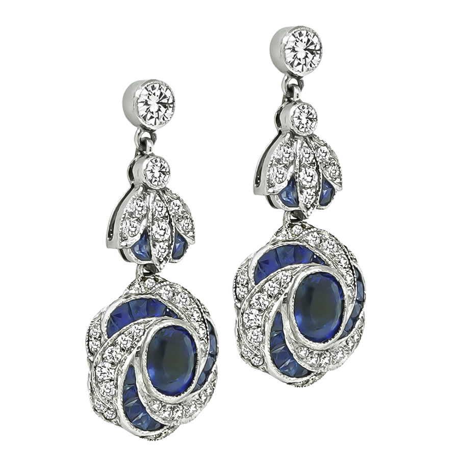 Estate 3.00ct Sapphire 1.00ct Diamond Dangling Earrings