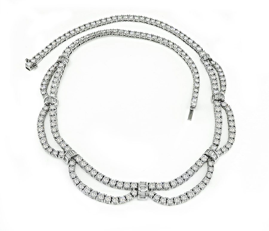 Round and Baguette Cut Diamond 18k White Gold Necklace