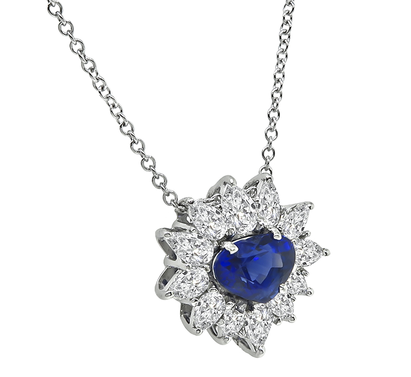 Estate 2.00ct Sapphire 2.00ct Diamond Heart Pendant Necklace