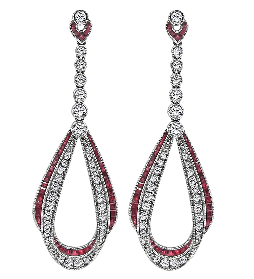 Estate 1.76ct Diamond 2.10ct Ruby Dangling Earrings