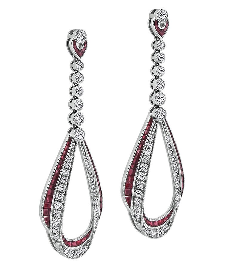 Estate 1.76ct Diamond 2.10ct Ruby Dangling Earrings