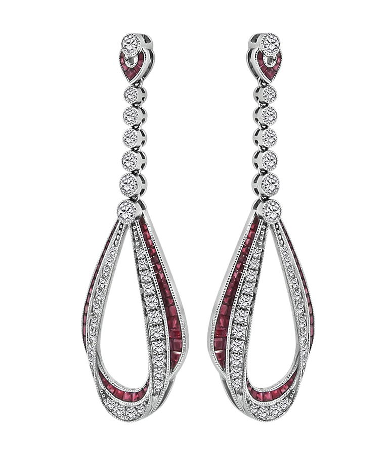 Estate 1.76ct Diamond 2.10ct Ruby Dangling Earrings