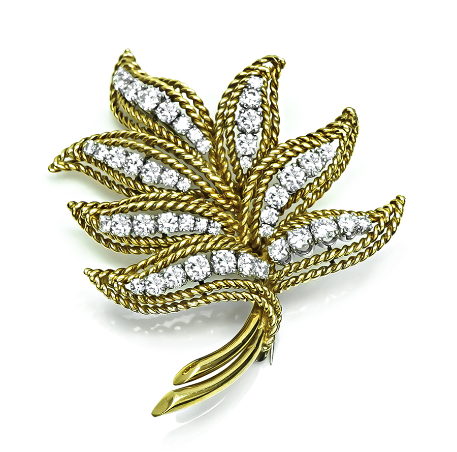 Estate 2.50ct Diamond Gold Leaf Pin