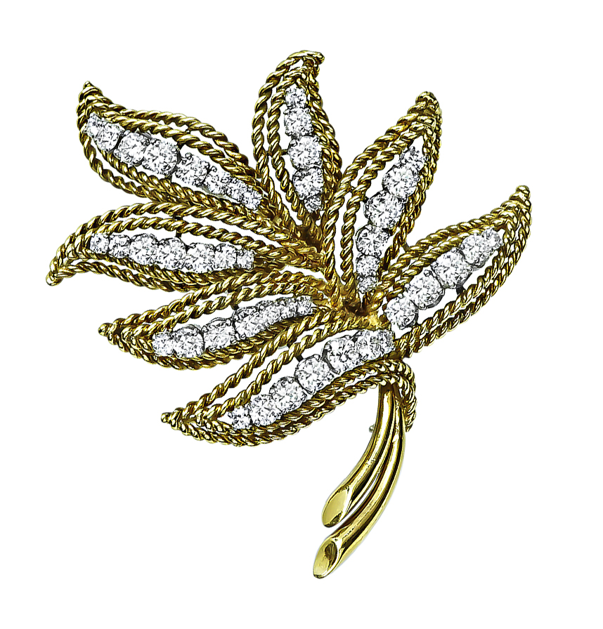 Estate 2.50ct Diamond Gold Leaf Pin