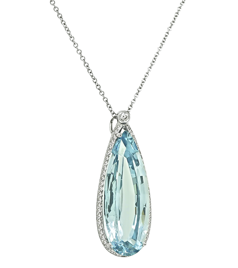 Estate 20.00ct Aquamarine 1.00ct Diamond Pendant Necklace