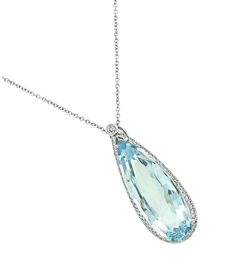 Estate 20.00ct Aquamarine 1.00ct Diamond Pendant Necklace