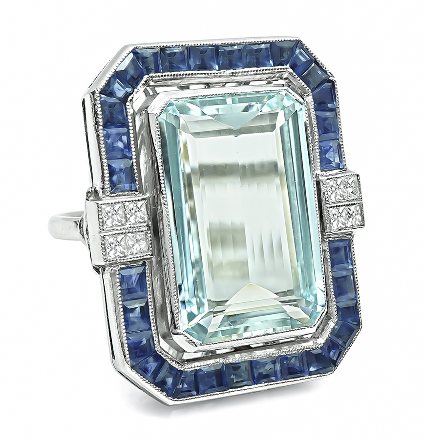 Estate 20.00ct Aquamarine 1.50ct Sapphire Diamond Ring