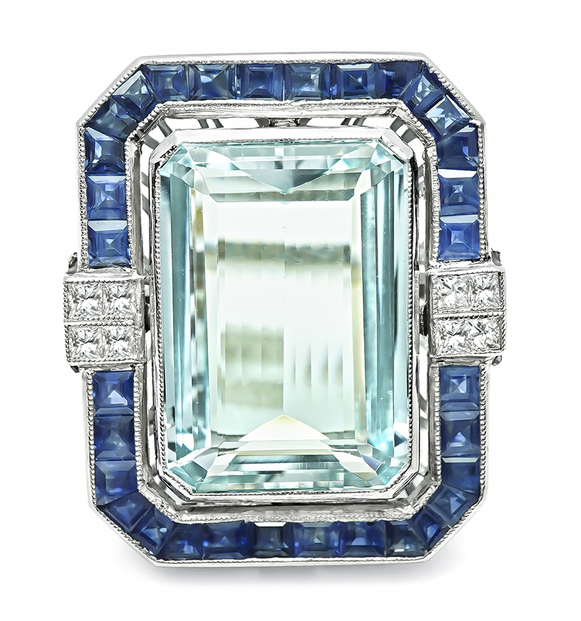 Estate 20.00ct Aquamarine 1.50ct Sapphire Diamond Ring