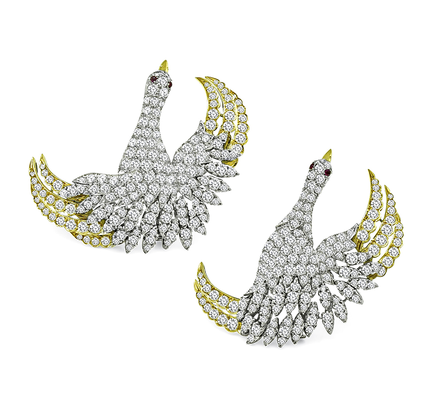 Estate 20.00ct Diamond Gold Swan Pin Set