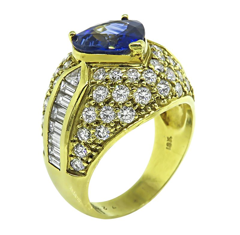 Estate 3.00ct Sapphire 3.00ct Diamond Yellow Gold Ring