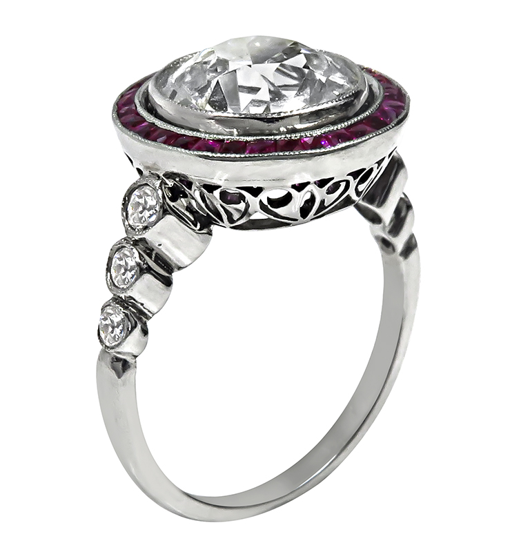 Estate 3.20ct Diamond Ruby Halo Engagement Ring
