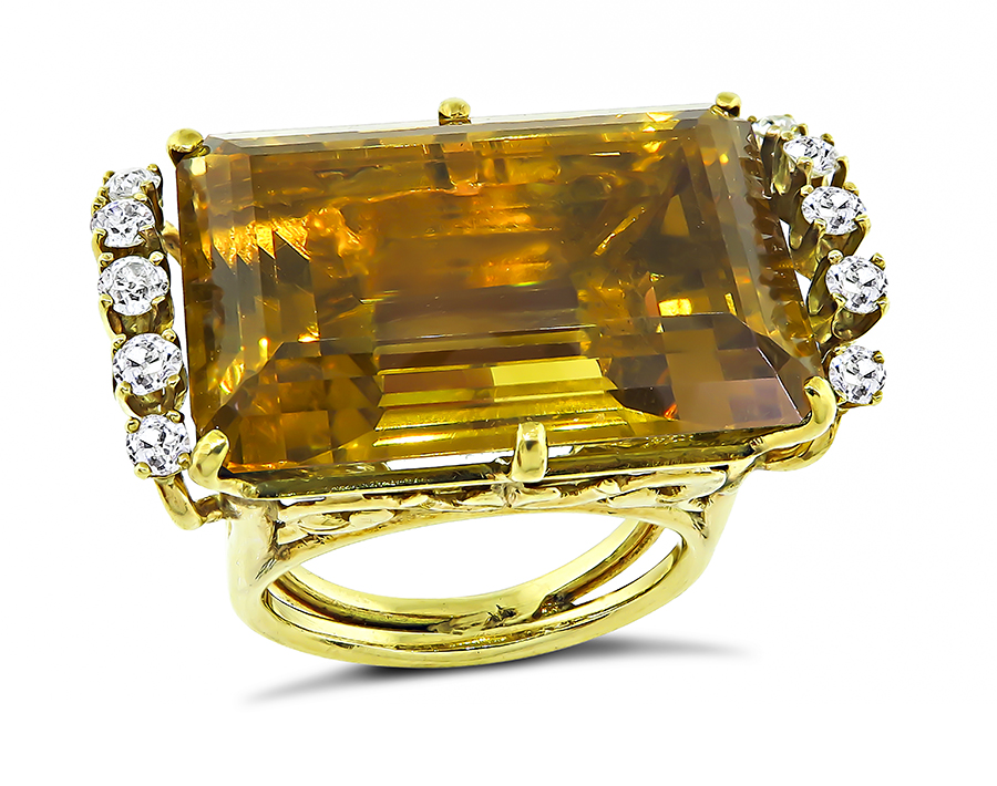Vintage 30.00ct Citrine 0.90ct Diamond Gold Cocktail Ring