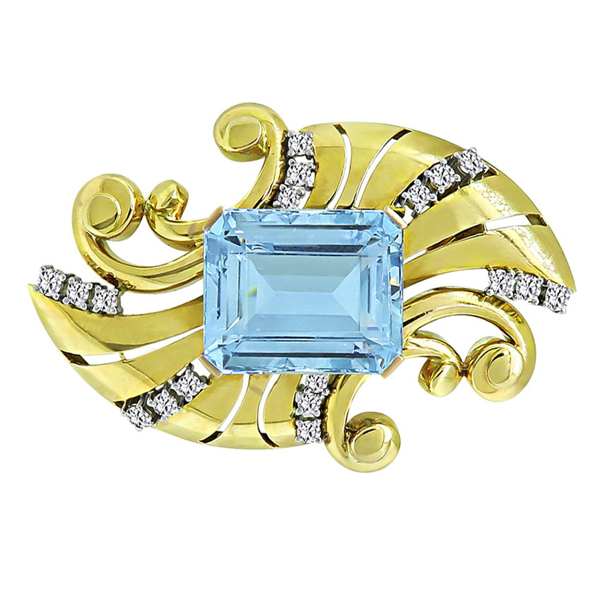 Estate 36.00ct Aquamarine 2.50ct Diamond Gold Pin