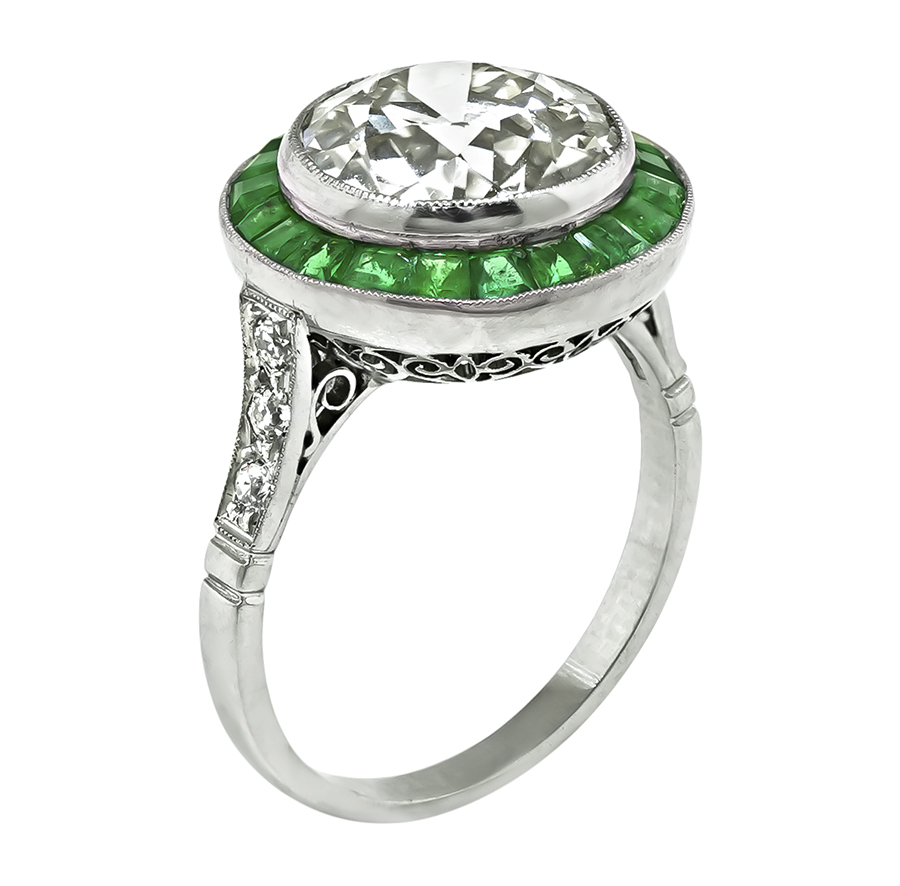 Estate 4.22ct Diamond Emerald Halo Engagement Ring