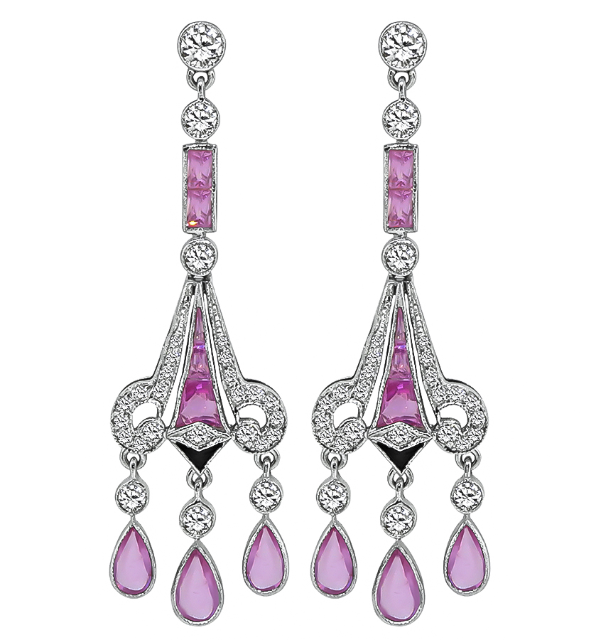 Estate 4.49ct Pink Sapphire 1.38ct Diamond Onyx Dangling Earrings