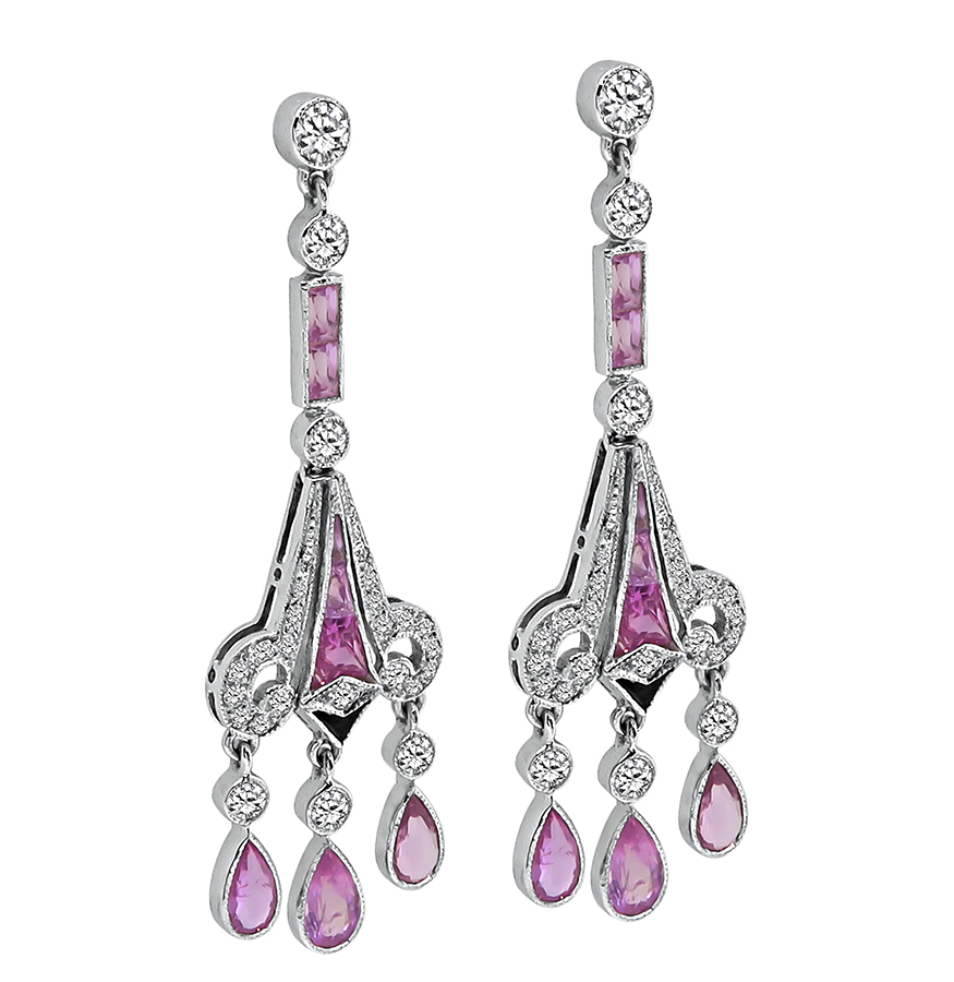 Estate 4.49ct Pink Sapphire 1.38ct Diamond Onyx Dangling Earrings