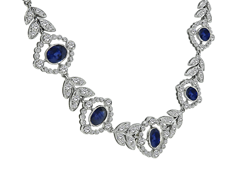 Oval Cut Sapphire Round Cut Diamond 18k and 14k White Gold Necklace