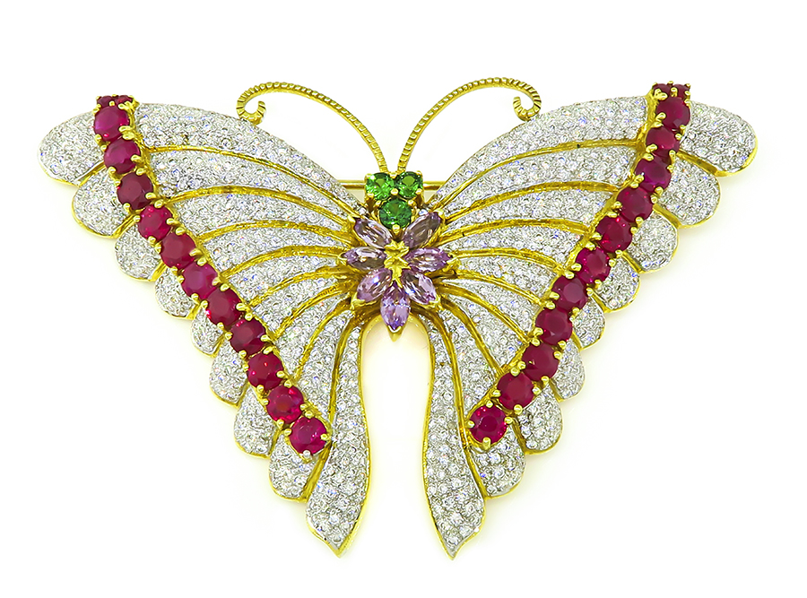 Estate 7.00ct Diamond 8.00ct Ruby Amethyst Demantoid Garnet Butterfly Pin