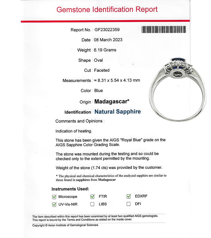 Estate AIGS Certificate 1.74ct Sapphire 0.65ct Diamond Engagement Ring