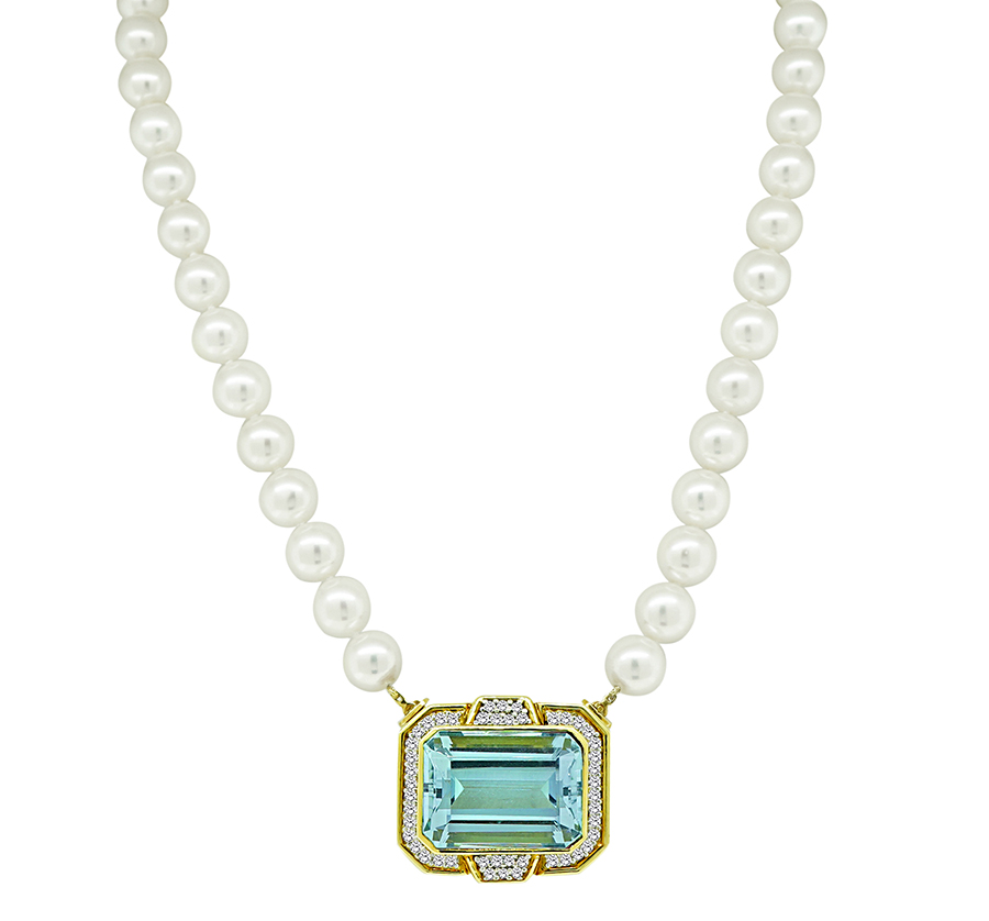 Estate 35.00ct Aquamarine 1.25ct Diamond Pearl Pin / Pendant Necklace