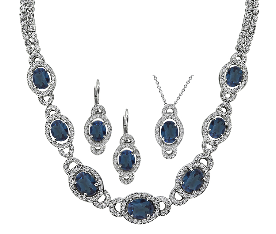 13.00ct Diamond 22.00ct Blue Topaz Necklace Earrings and Pendant Set