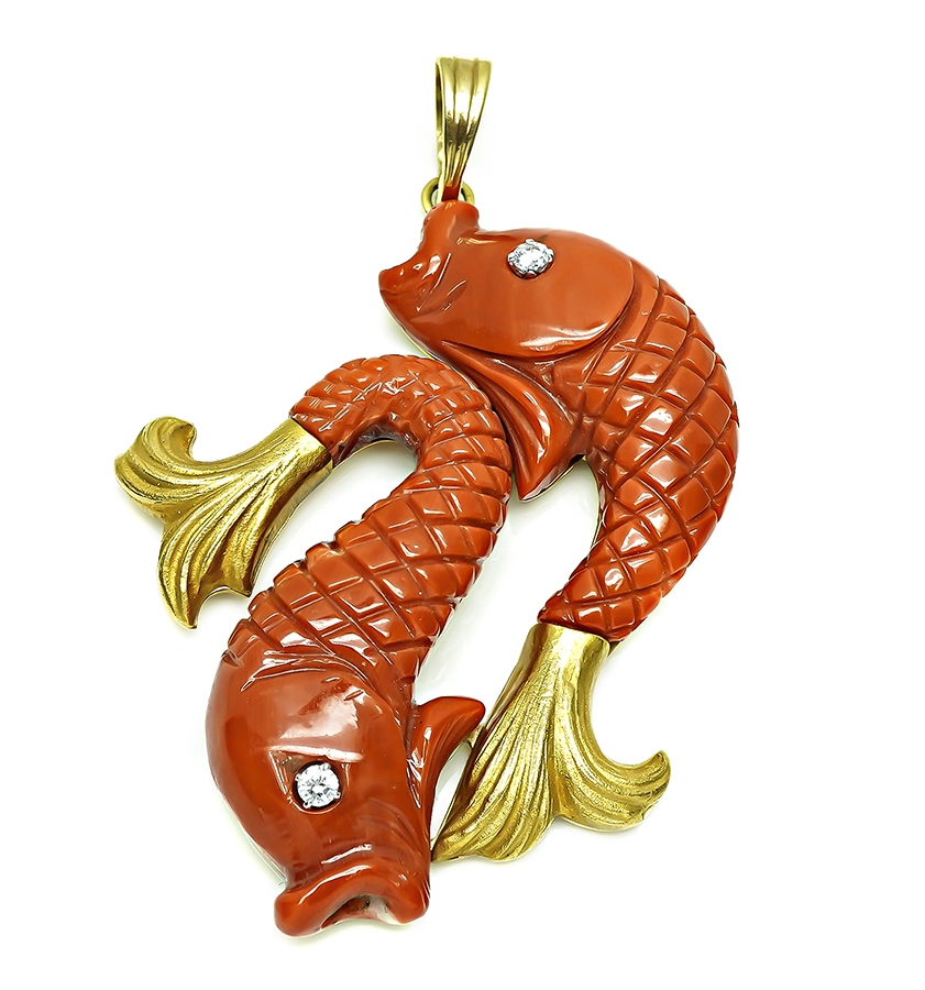 Estate Diamond Coral Gold Koi Fish Pendant