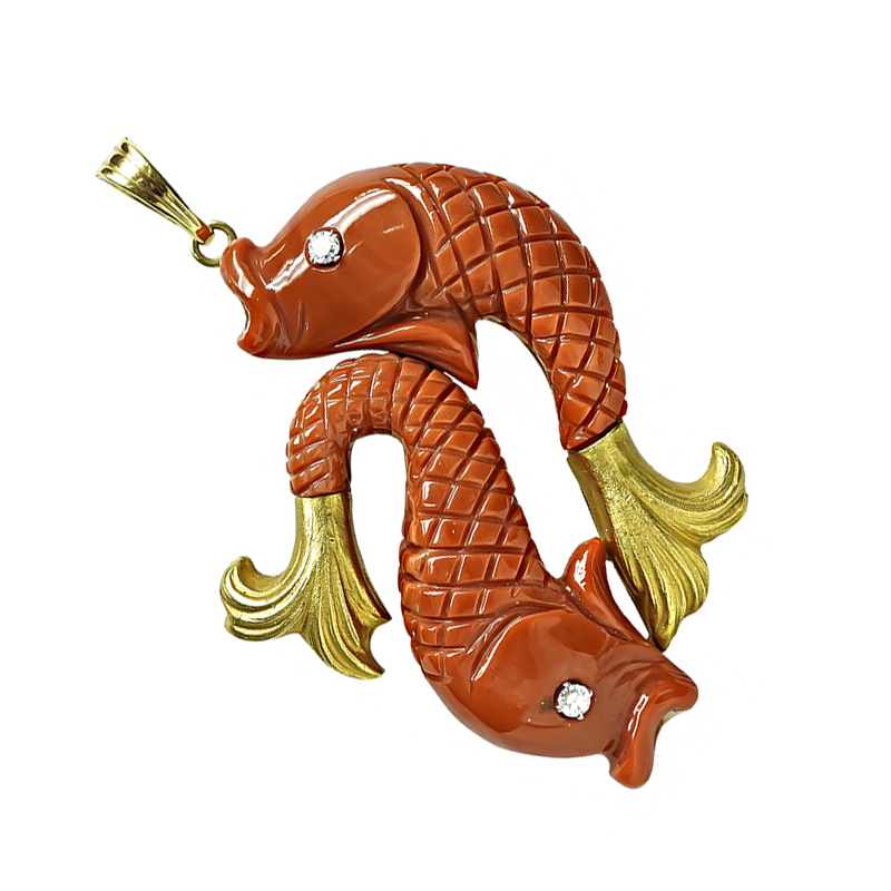 Estate Diamond Coral Gold Koi Fish Pendant