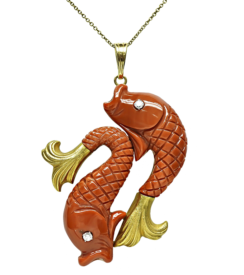 Estate Diamond Coral Gold Koi Fish Pendant