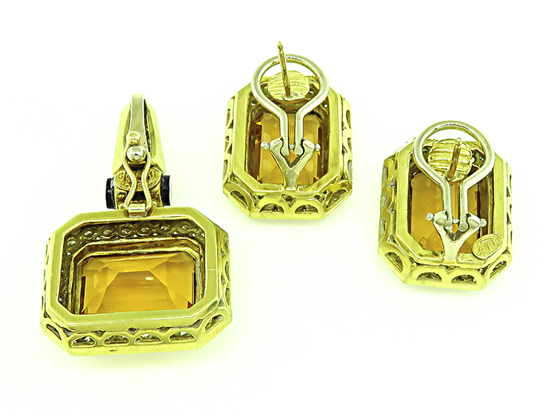 Estate 30.00ct Citrine 3.00ct Diamond Gold Pendant and Earrings Set