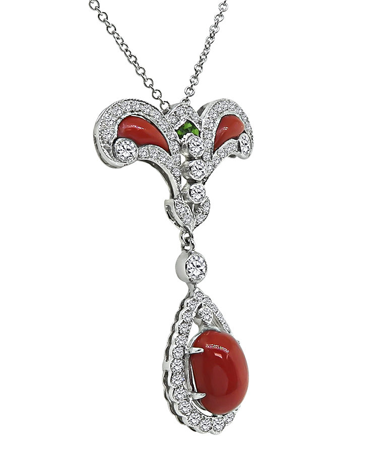 Estate Coral 1.50ct Diamond Pendant Necklace