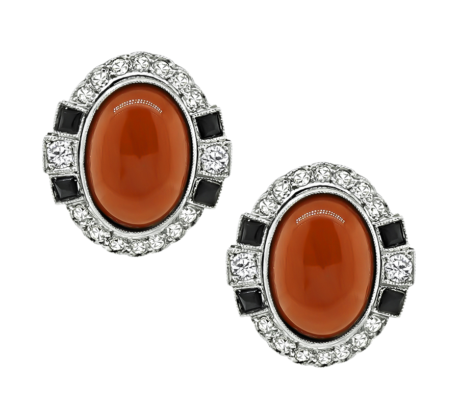 Vintage Coral 0.75ct Diamond Onyx Earrings