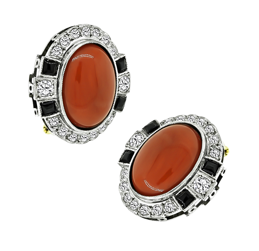 Vintage Coral 0.75ct Diamond Onyx Earrings