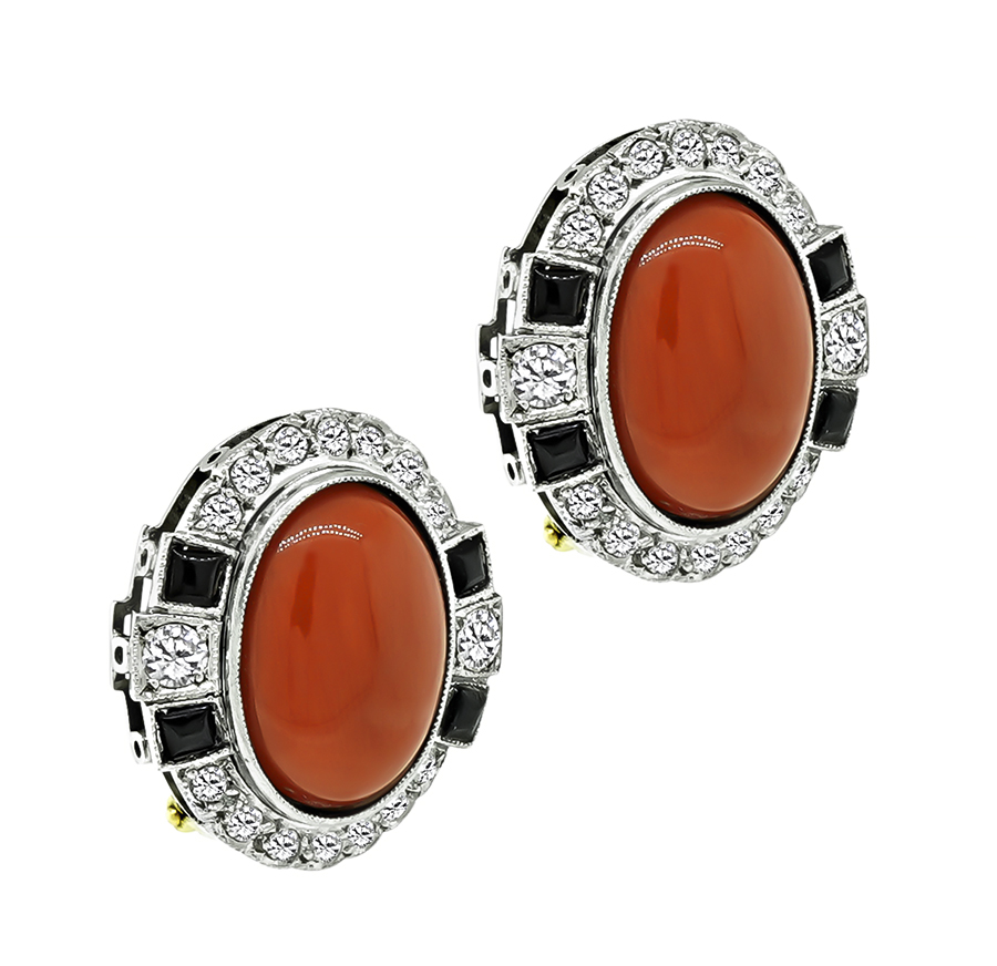 Vintage Coral 0.75ct Diamond Onyx Earrings