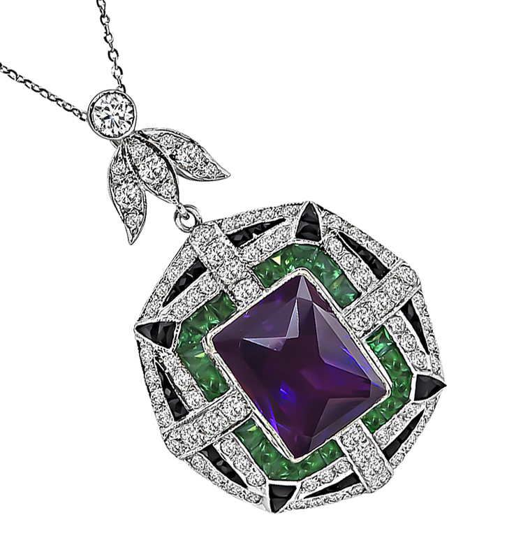 Art Deco Style 15.00ct Amethyst 2.00ct Diamond Pendant Necklace