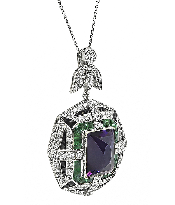 Art Deco Style 15.00ct Amethyst 2.00ct Diamond Pendant Necklace