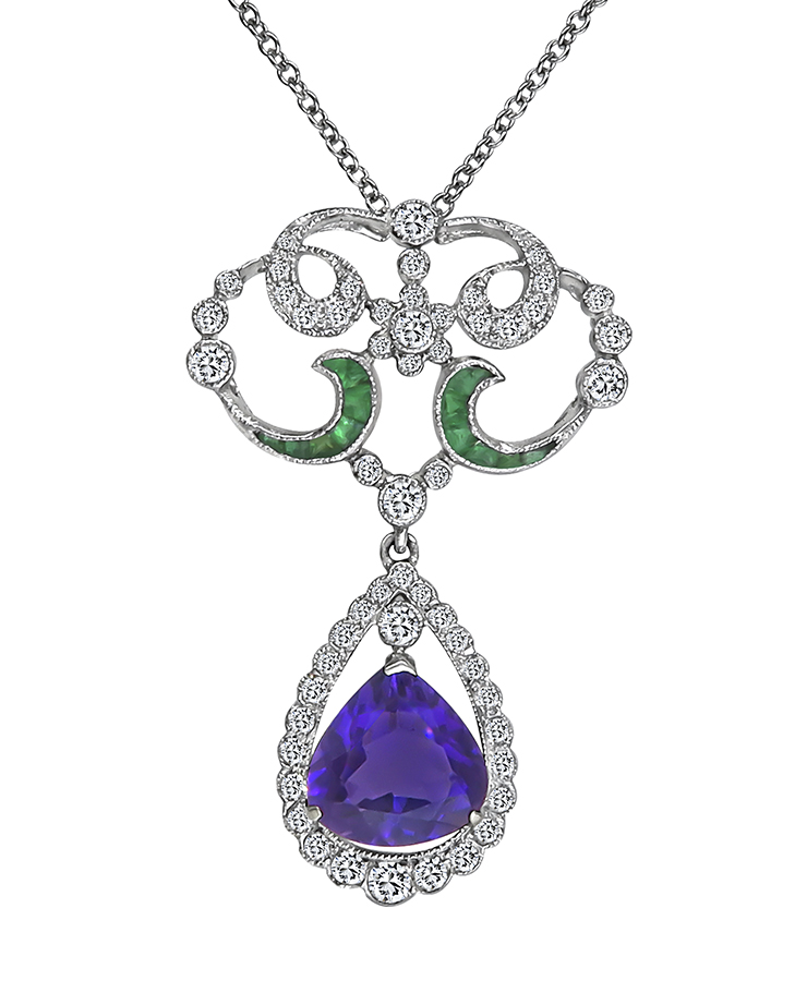 Pear Shape Amethyst Round Cut Diamond Emerald 18k White Gold Pendant Necklace