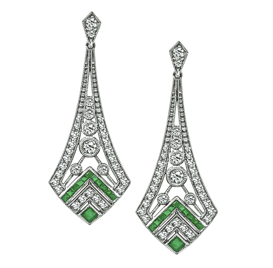 Estate 1.32ct Diamond Emerald Chandelier Earrings