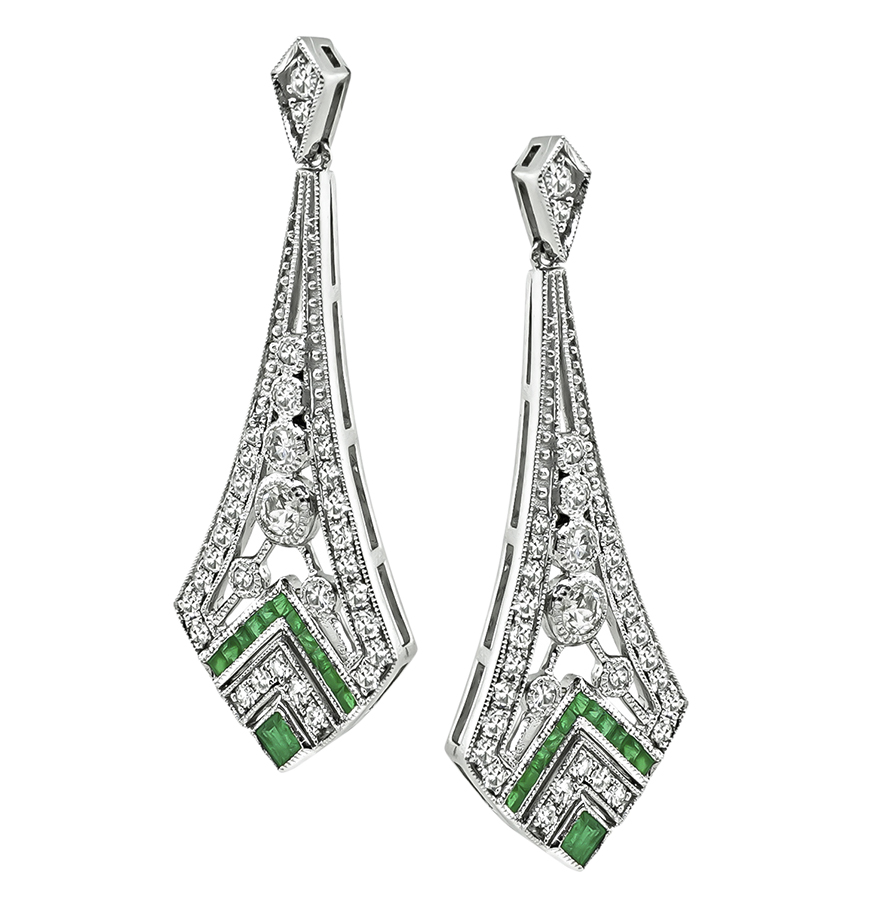 Estate 1.32ct Diamond Emerald Chandelier Earrings