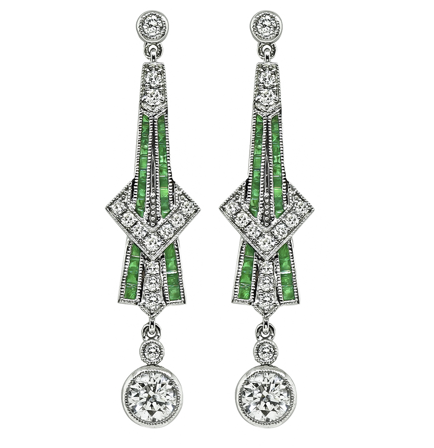 Art Deco Style 1.73cttw Diamond 0.65ct Emerald Drop Earrings