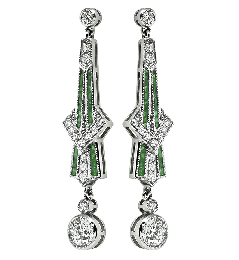 Art Deco Style 1.73cttw Diamond 0.65ct Emerald Drop Earrings