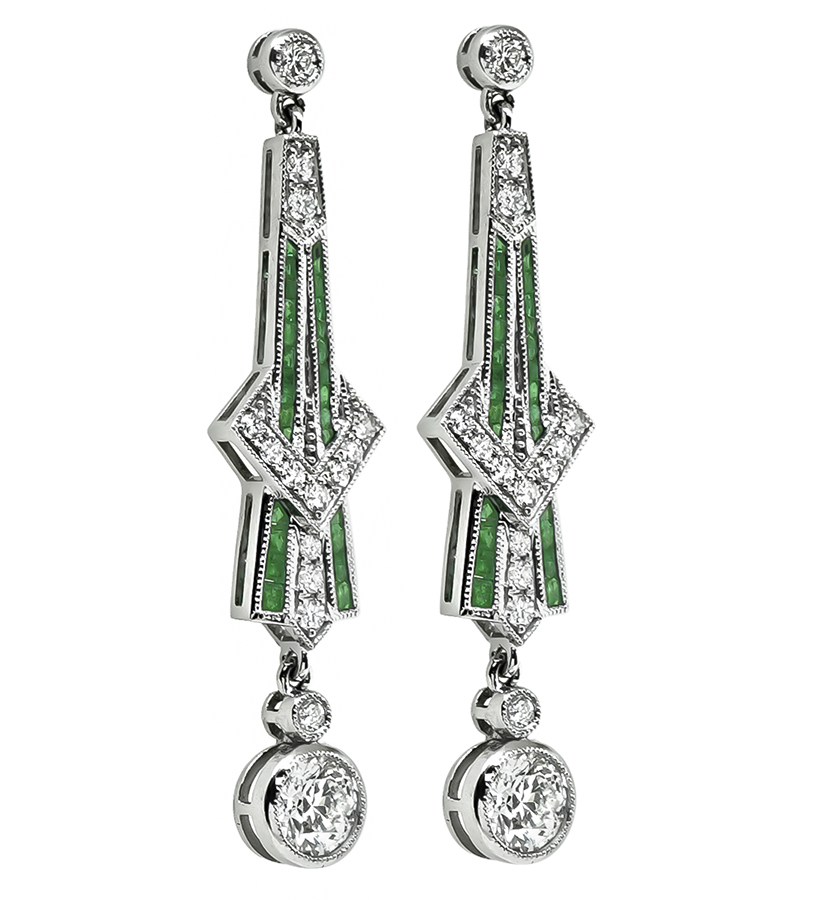 Art Deco Style 1.73cttw Diamond 0.65ct Emerald Drop Earrings