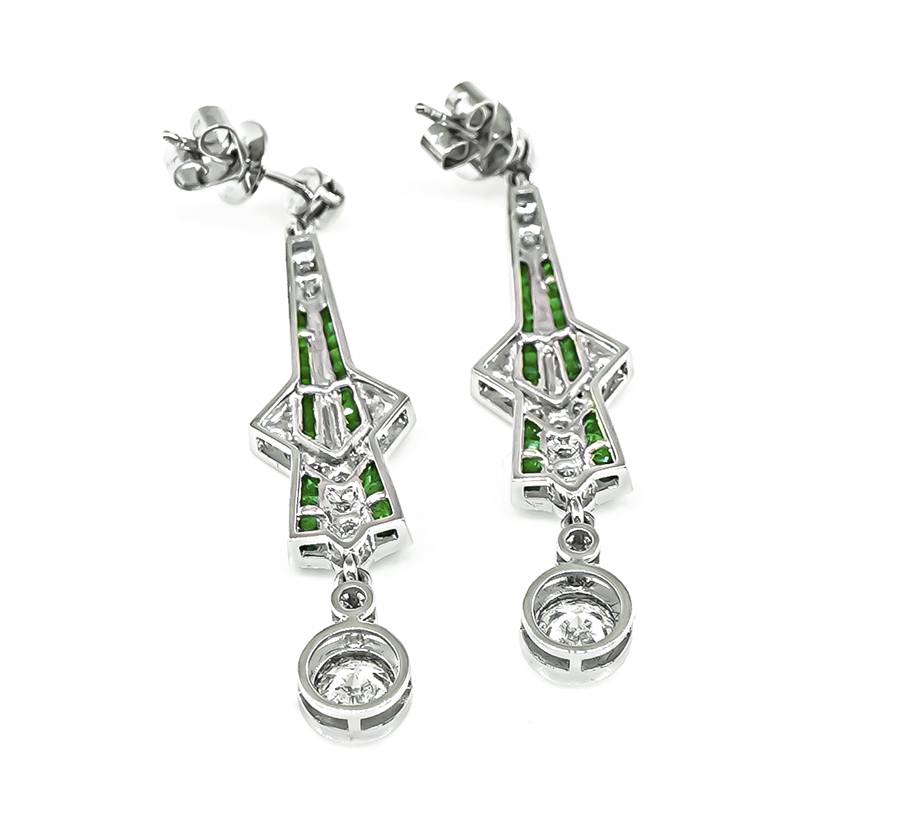 Art Deco Style 1.73cttw Diamond 0.65ct Emerald Drop Earrings