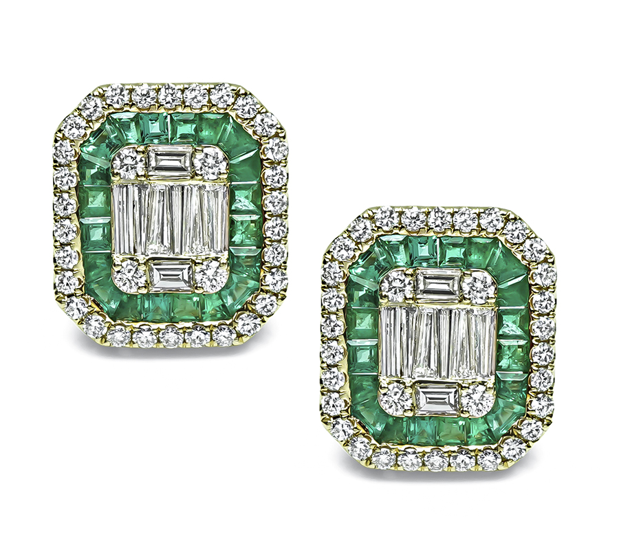 Estate 2.00ct Diamond 1.50ct Emerald Gold Stud Earrings