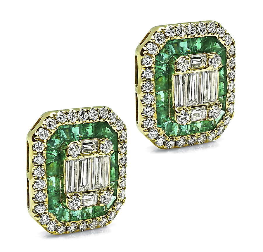 Estate 2.00ct Diamond 1.50ct Emerald Gold Stud Earrings