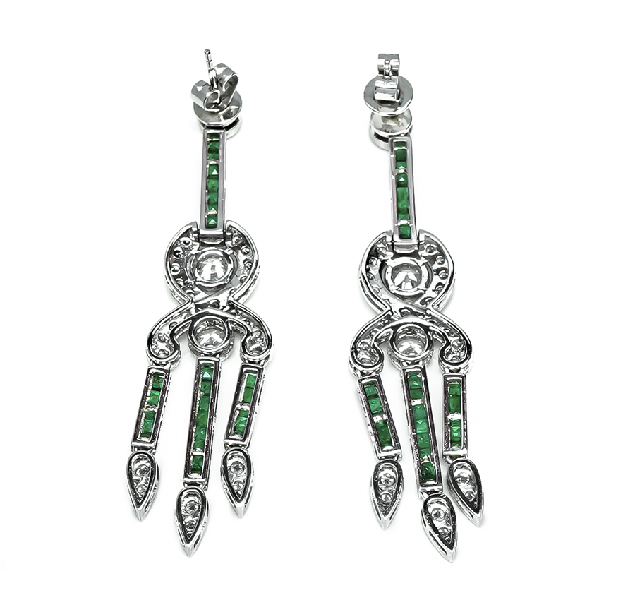 Estate 2.18ct Diamond 1.44ct Emerald Dangling Earrings